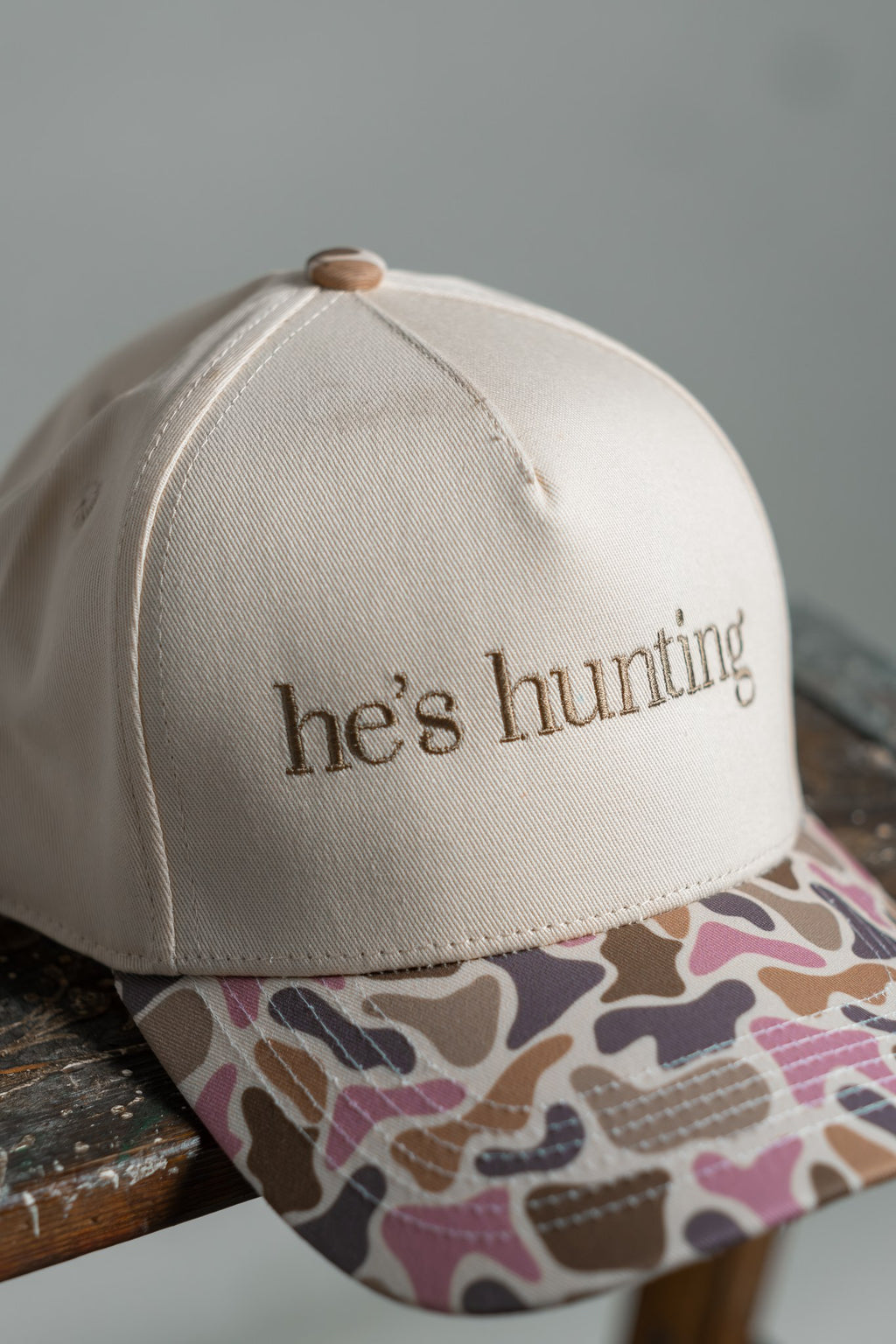 he's hunting - pink duck camo brim hat