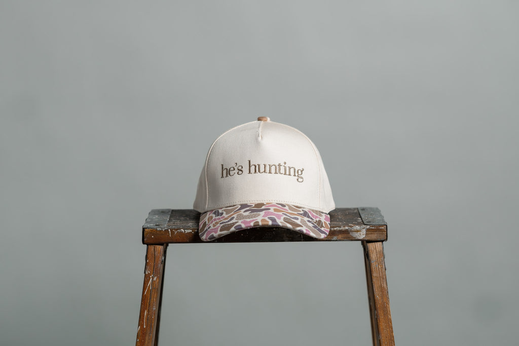he's hunting - pink duck camo brim hat